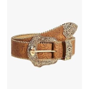 Western Tooled Womens Belt Gold Metal Buckle Engraved Vegan Leather Brown Sz 43